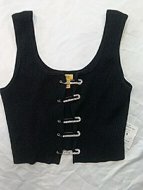 Daisy Black Ribbed Tank Top with Silver Rignstone Safety Pin Accents
